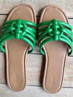 Old Navy Bright Green Braided Strap Slide Sandals with Tan Footbed
